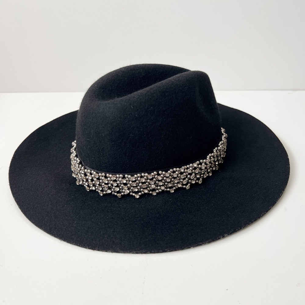 Juicy Couture Wool Floppy Fedora Hat Black Rhinestone Beaded Western Cowgirl